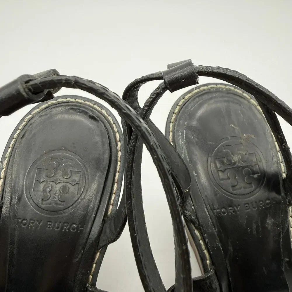 Tory Burch Leather Wedge Sandals Black Cutout Gold Studs Size 8M Summer Resort